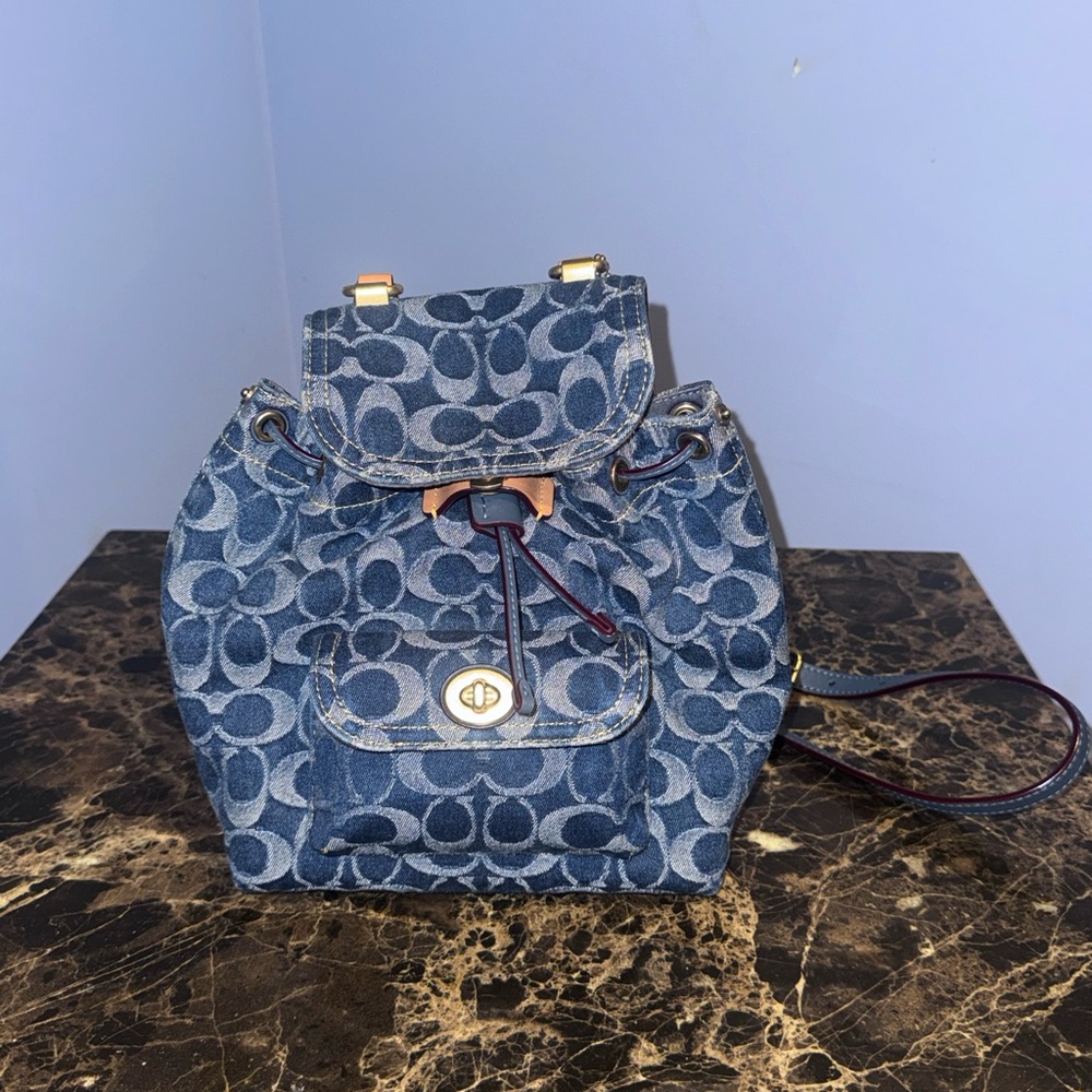Coach Blue Signature Denim Drawstring Backpack